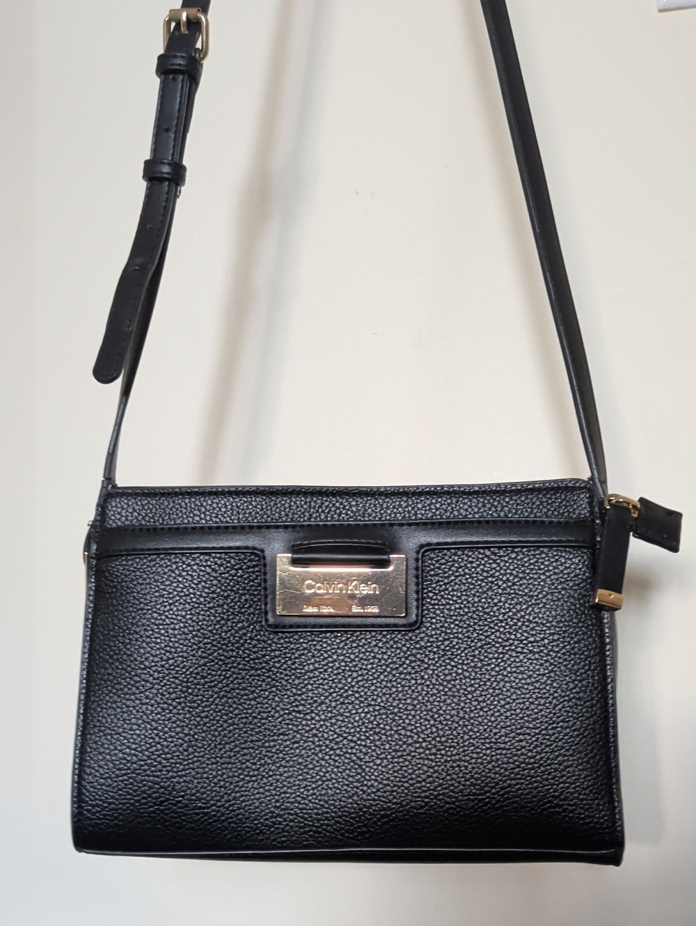 Calvin Klein Black Pebbled Leather Crossbody with Gold Plate